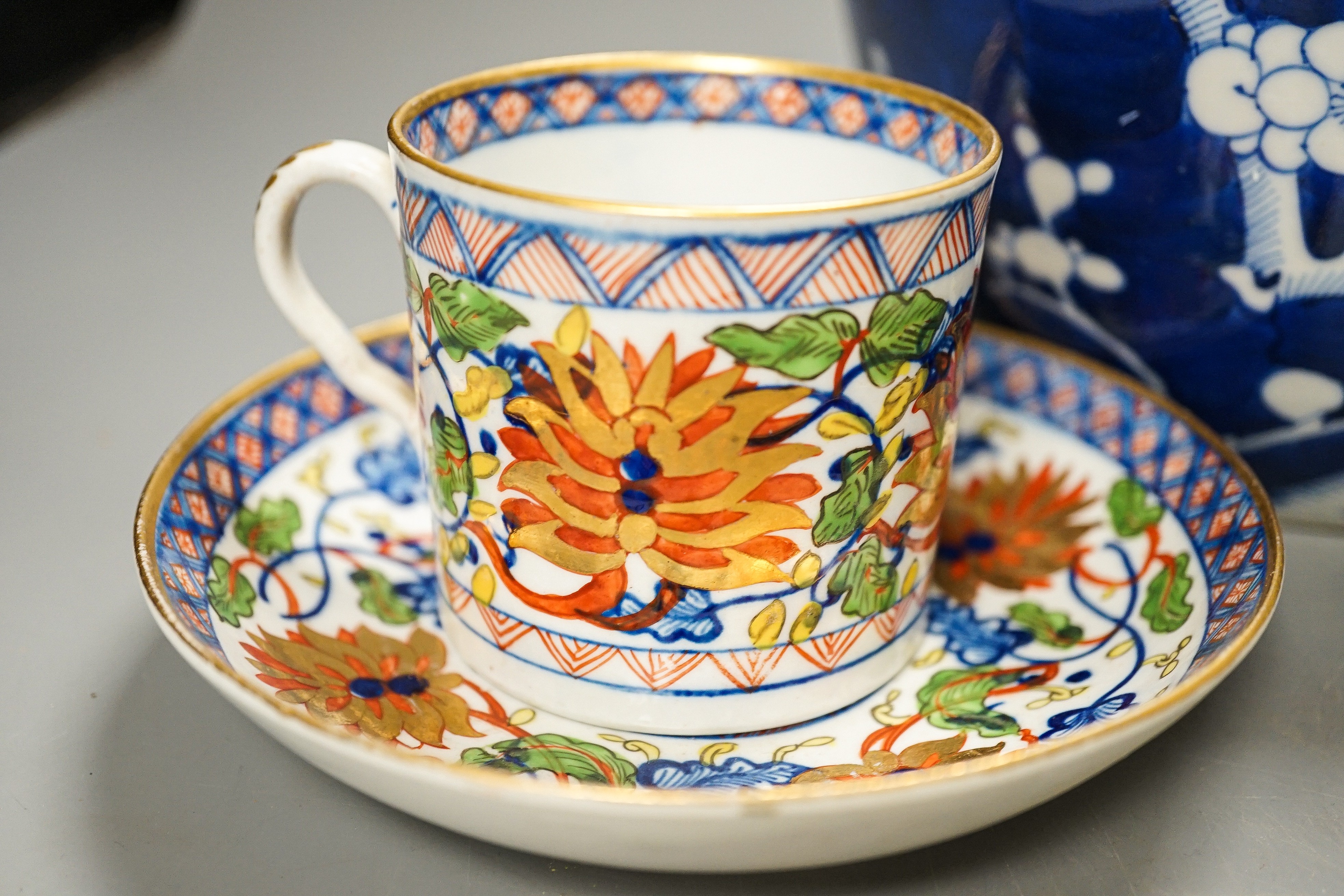 A 19th century enamel pottery jardiniere, Chinese jar and cover, a Copelands hand painted tea set, 2 blue and white meat platters, a Imari style cup and saucer etc. Jardiniere 19 cms, high.